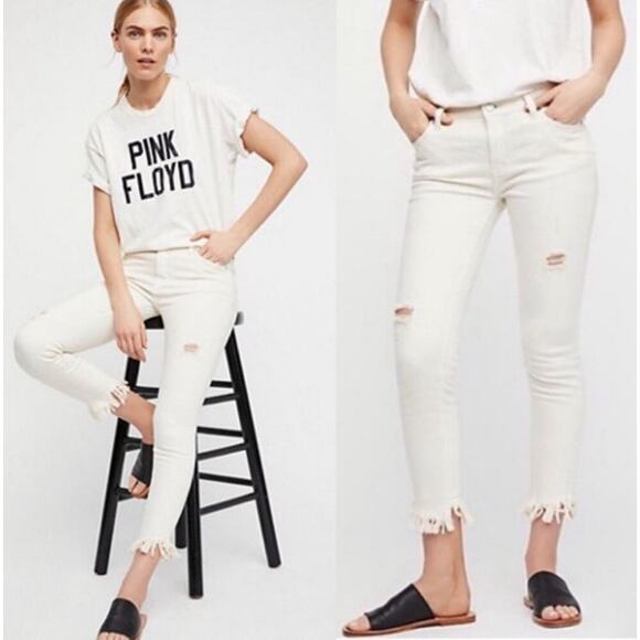 Free People Denim - Free People Great Heights Jeans Distressed Fringe Frayed Hem White Ivory Size 26